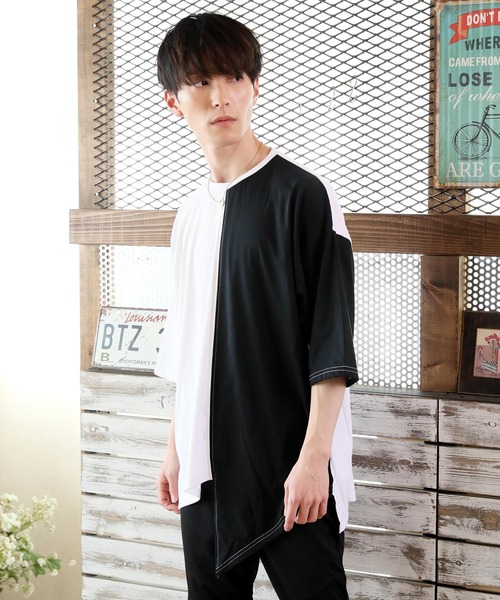 TopIsm(トップイズム)の「ワイドシルエット アシンメトリーセンター配色切替 半袖カットソー(Tシャツ/カットソー・メンズ・ベージュ/パープル/ホワイト×ブラック/ホワイト×グレー/チャコール・M/L)」の1枚目の写真