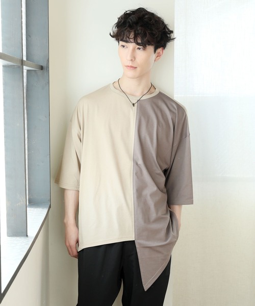 TopIsm(トップイズム)の「ワイドシルエット アシンメトリーセンター配色切替 半袖カットソー(Tシャツ/カットソー・メンズ・ベージュ/パープル/ホワイト×ブラック/ホワイト×グレー/チャコール・M/L)」の4枚目の写真
