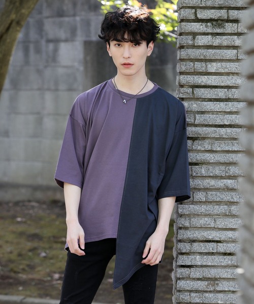 TopIsm(トップイズム)の「ワイドシルエット アシンメトリーセンター配色切替 半袖カットソー(Tシャツ/カットソー・メンズ・ベージュ/パープル/ホワイト×ブラック/ホワイト×グレー/チャコール・M/L)」の5枚目の写真