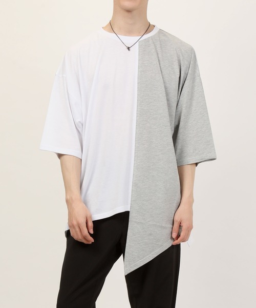 TopIsm(トップイズム)の「ワイドシルエット アシンメトリーセンター配色切替 半袖カットソー(Tシャツ/カットソー・メンズ・ベージュ/パープル/ホワイト×ブラック/ホワイト×グレー/チャコール・M/L)」の6枚目の写真