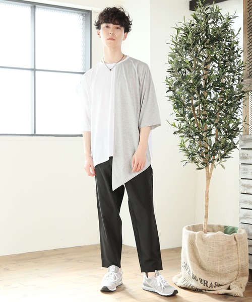 TopIsm(トップイズム)の「ワイドシルエット アシンメトリーセンター配色切替 半袖カットソー(Tシャツ/カットソー・メンズ・ベージュ/パープル/ホワイト×ブラック/ホワイト×グレー/チャコール・M/L)」の10枚目の写真