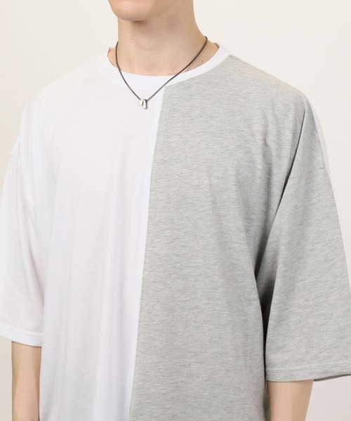 TopIsm(トップイズム)の「ワイドシルエット アシンメトリーセンター配色切替 半袖カットソー(Tシャツ/カットソー・メンズ・ベージュ/パープル/ホワイト×ブラック/ホワイト×グレー/チャコール・M/L)」の7枚目の写真