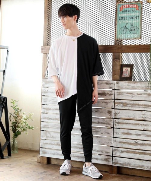 TopIsm(トップイズム)の「ワイドシルエット アシンメトリーセンター配色切替 半袖カットソー(Tシャツ/カットソー・メンズ・ベージュ/パープル/ホワイト×ブラック/ホワイト×グレー/チャコール・M/L)」の13枚目の写真