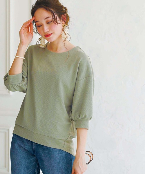 BELLUNA PLUS(ベルーナ)の「ジャカード素材袖ギャザープルオーバー(Tシャツ/カットソー・レディース・ネイビー/ブルーグレー/ライトカーキ/テラコッタ・MEDIUM/LARGE/X-LARGE)」の21枚目の写真