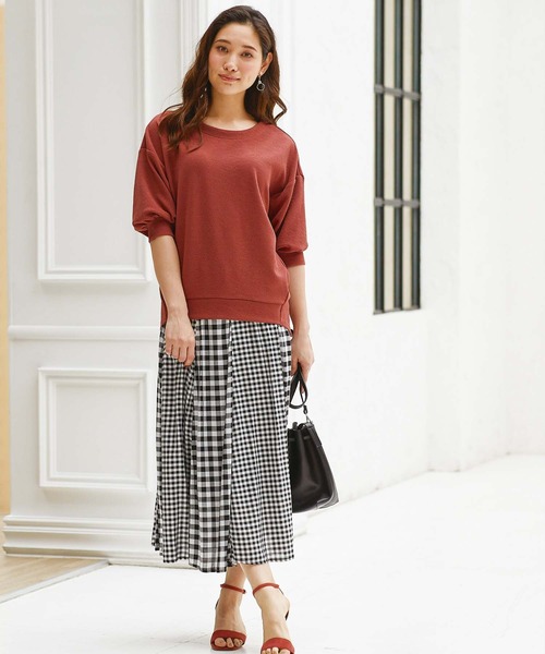 BELLUNA PLUS(ベルーナ)の「ジャカード素材袖ギャザープルオーバー(Tシャツ/カットソー・レディース・ネイビー/ブルーグレー/ライトカーキ/テラコッタ・MEDIUM/LARGE/X-LARGE)」の12枚目の写真