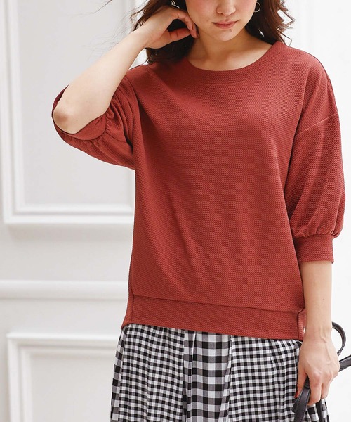 BELLUNA PLUS(ベルーナ)の「ジャカード素材袖ギャザープルオーバー(Tシャツ/カットソー・レディース・ネイビー/ブルーグレー/ライトカーキ/テラコッタ・MEDIUM/LARGE/X-LARGE)」の14枚目の写真