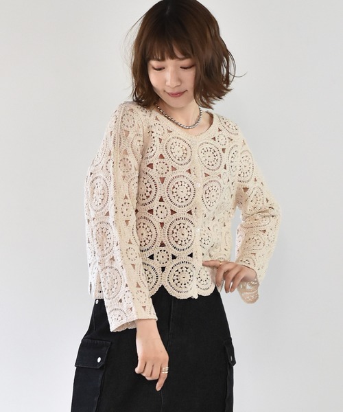 RETRO GIRL（レトロガール）の「クロシェカーデ（カーディガン/ボレロ・レディース・ライトグリーン/オフホワイト/ブラック・FREE）」の2枚目の写真