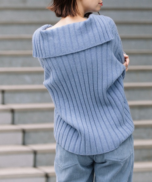 Munich（ミューニック）の「エキストラファインメリノウールリブニット　スキッパーカラープルオーバー（ニット/セーター・レディース・ブラック/サックスブルー/オフホワイト/ブラック×ホワイト・FREE）」の9枚目の写真