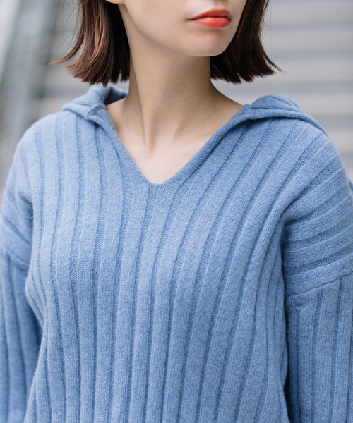 Munich（ミューニック）の「エキストラファインメリノウールリブニット　スキッパーカラープルオーバー（ニット/セーター・レディース・ブラック/サックスブルー/オフホワイト/ブラック×ホワイト・FREE）」の10枚目の写真