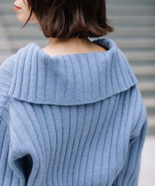 Munich（ミューニック）の「エキストラファインメリノウールリブニット　スキッパーカラープルオーバー（ニット/セーター・レディース・ブラック/サックスブルー/オフホワイト/ブラック×ホワイト・FREE）」の12枚目の写真