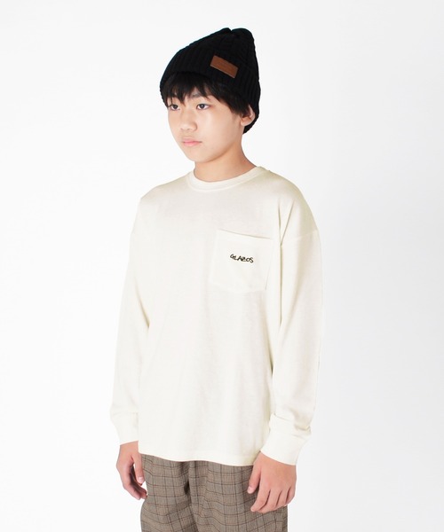 GLAZOS（グラソス）の「厚手天竺・ドロップショルダーワンポイント刺繍ポケット長袖Tシャツ（Tシャツ/カットソー・キッズ・ホワイト/ブラック/ダークグリーン/ネイビー・140cm/150cm/160cm/170cm/130cm）」の7枚目の写真