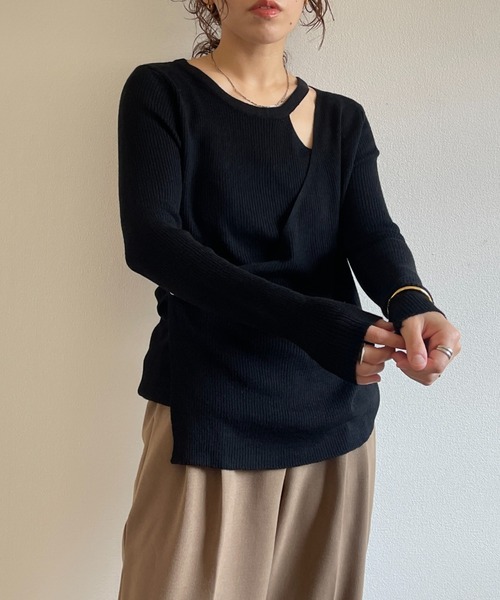 wee9s(ウィークス)の「wrap design knit tops / 程よい肌見せで着痩せ効果も叶うラップデザイン長袖ニットブラウス(ニット/セーター・レディース・ブラック/グリーン/アイボリー・FREE)」の12枚目の写真