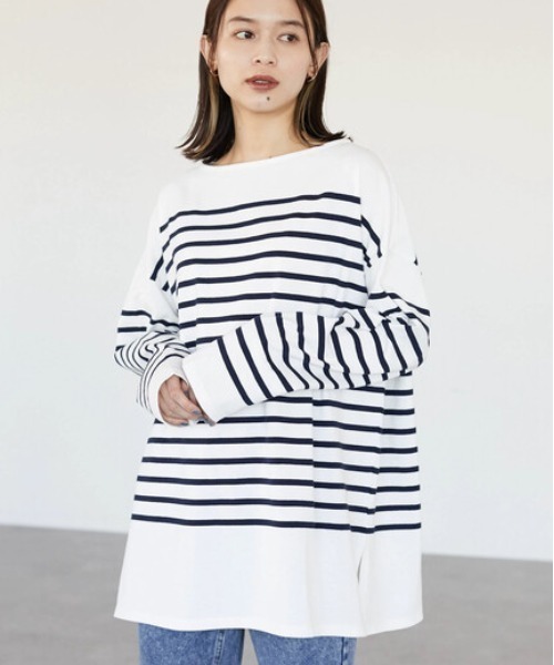 Green　Parks（グリーンパークス）の「パネルボーダーロンTEE＊（Tシャツ/カットソー・レディース・ネイビー/ピンク/ブルー/グリーン・FREE）」の3枚目の写真