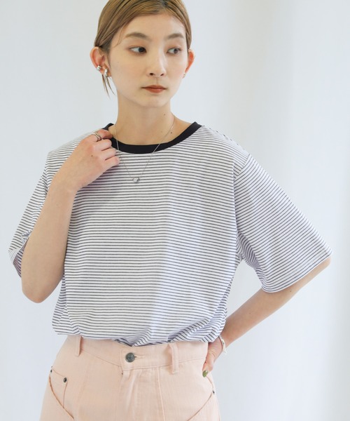 select MOCA（セレクトモカ）の「バイカラーボーダーTシャツ（Tシャツ/カットソー・レディース・ライトブルー/オフホワイト/ピンク・FREE）」の17枚目の写真