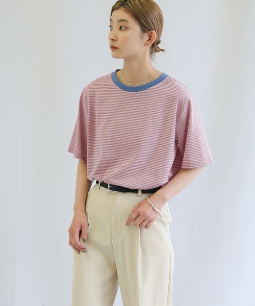 select MOCA（セレクトモカ）の「バイカラーボーダーTシャツ（Tシャツ/カットソー・レディース・ライトブルー/オフホワイト/ピンク・FREE）」の8枚目の写真