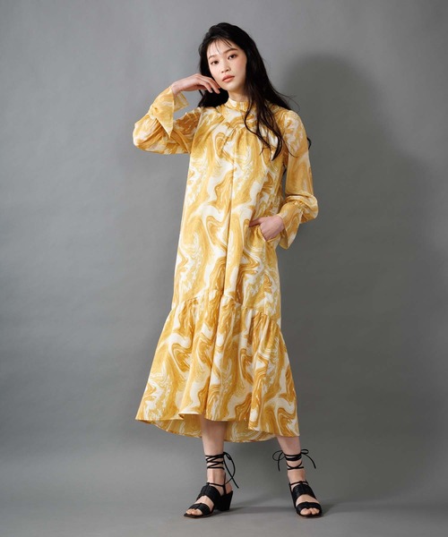 マーブルパターンギャザーワンピース