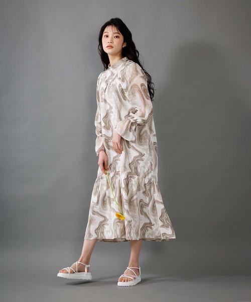 マーブルパターンギャザーワンピース