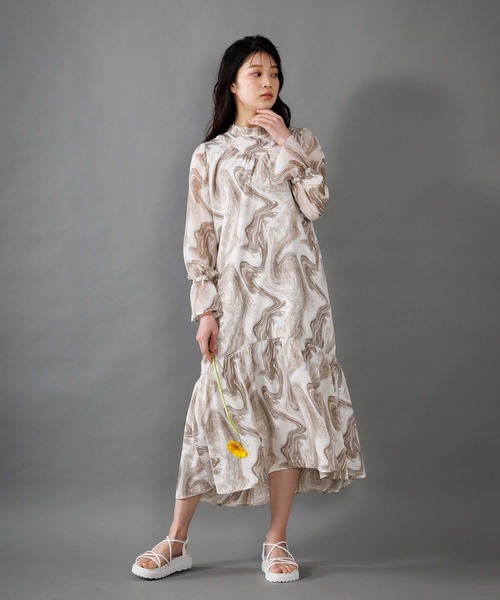 マーブルパターンギャザーワンピース