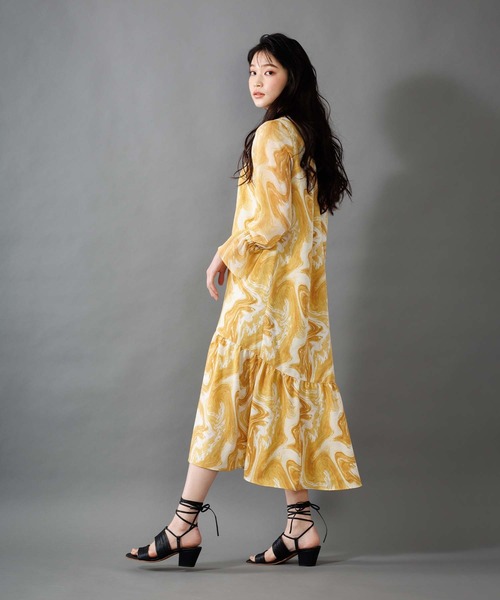 マーブルパターンギャザーワンピース