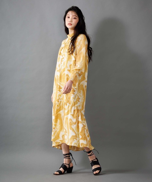 マーブルパターンギャザーワンピース