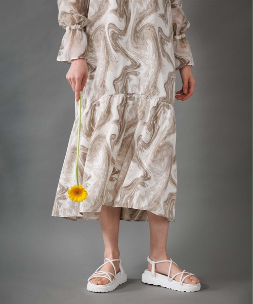 マーブルパターンギャザーワンピース