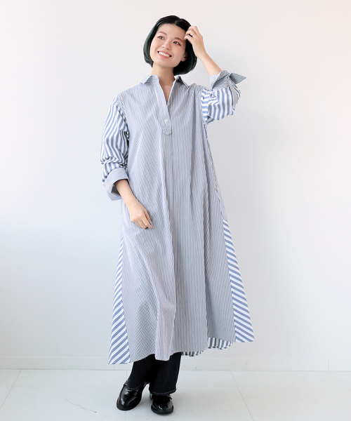 Simplicite（サンプリシテ）の「ストライプパターンシャツワンピース◆（ワンピース・レディース・ブラック/レッド/ブルー系その他・FREE）」の7枚目の写真