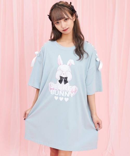 Secret Honey（シークレットハニー）の「目隠しウサギプリントビッグシルエットTシャツ（Tシャツ/カットソー・レディース・オフホワイト/ピンク/ブルー/ブラック・FREE）」の4枚目の写真