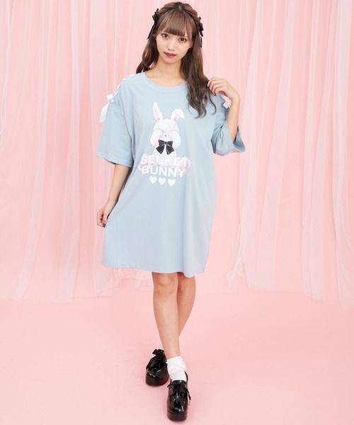 Secret Honey（シークレットハニー）の「目隠しウサギプリントビッグシルエットTシャツ（Tシャツ/カットソー・レディース・オフホワイト/ピンク/ブルー/ブラック・FREE）」の5枚目の写真