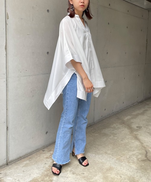 Thevon(ゼボン)の「スクエアポンチョチュニックシャツ(シャツ/ブラウス・レディース・ブラック/オフホワイト/オレンジ/グリーン・FREE)」の11枚目の写真