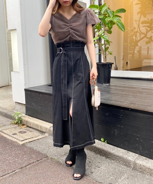 one after another NICE CLAUP（ワンアフターアナザーナイスクラップ）の「チュールがけフレアスリーブニット（ニット/セーター・レディース・ブラウン/オフホワイト/ピンクベージュ・FREE）」の8枚目の写真