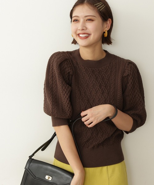 N.（N. Natural Beauty Basic）（エヌエヌナチュラルビューティーベーシック）の「◆柄編みパフニット（ニット/セーター・レディース・オフホワイト/モカ/レッド・MEDIUM）」の3枚目の写真