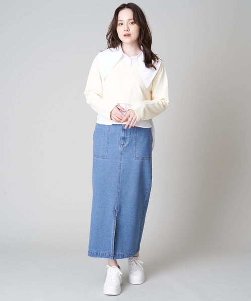 A de a.v.v（アードアー・ヴェ・ヴェ）の「ビッグカラーシャツドッキングスウェット（Tシャツ/カットソー・レディース・アイボリー/ブラック/グリーン・38/36）」の7枚目の写真