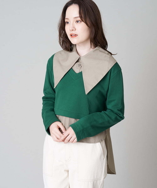 A de a.v.v（アードアー・ヴェ・ヴェ）の「ビッグカラーシャツドッキングスウェット（Tシャツ/カットソー・レディース・アイボリー/ブラック/グリーン・38/36）」の13枚目の写真