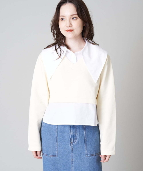 A de a.v.v（アードアー・ヴェ・ヴェ）の「ビッグカラーシャツドッキングスウェット（Tシャツ/カットソー・レディース・アイボリー/ブラック/グリーン・38/36）」の14枚目の写真
