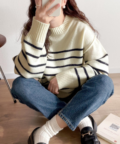 【milybilet】お洒落映え。アルパカタッチクロップド丈ボーダーニットプルオーバー