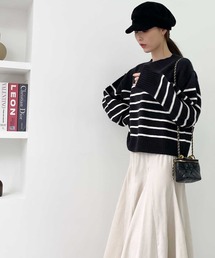 【mily bilet】上品見え。アルパカタッチクロップド丈ボーダーニットプルオーバー
