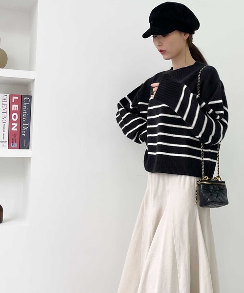 【milybilet】お洒落映え。アルパカタッチクロップド丈ボーダーニットプルオーバー