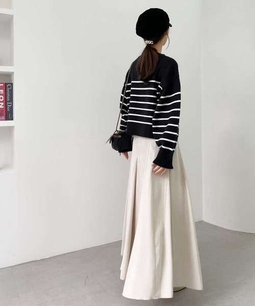 【milybilet】お洒落映え。アルパカタッチクロップド丈ボーダーニットプルオーバー