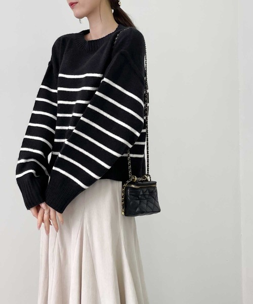 【milybilet】お洒落映え。アルパカタッチクロップド丈ボーダーニットプルオーバー