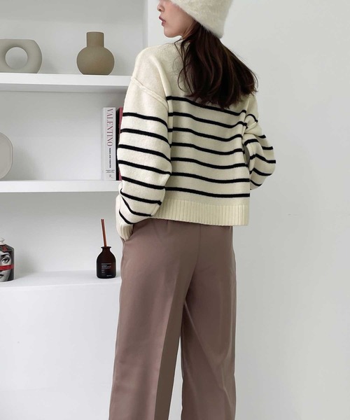 【milybilet】お洒落映え。アルパカタッチクロップド丈ボーダーニットプルオーバー