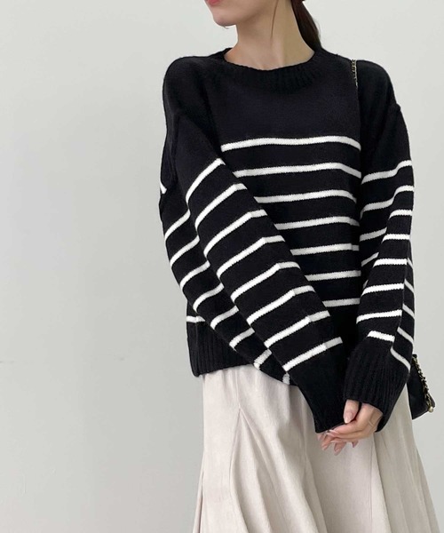 【milybilet】お洒落映え。アルパカタッチクロップド丈ボーダーニットプルオーバー