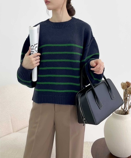 【milybilet】お洒落映え。アルパカタッチクロップド丈ボーダーニットプルオーバー