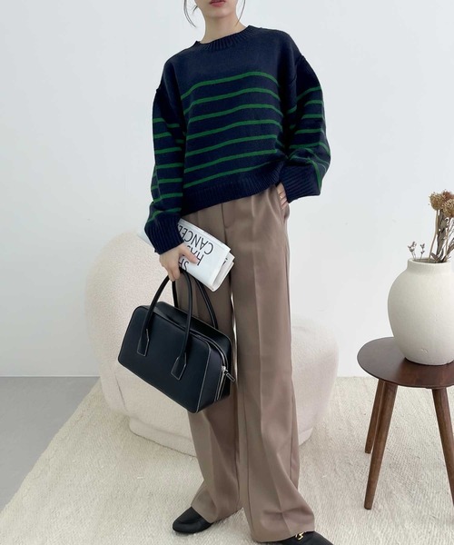 【milybilet】お洒落映え。アルパカタッチクロップド丈ボーダーニットプルオーバー