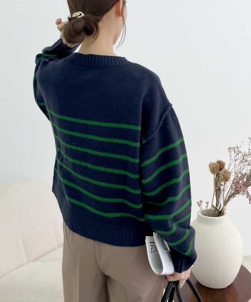 【milybilet】お洒落映え。アルパカタッチクロップド丈ボーダーニットプルオーバー