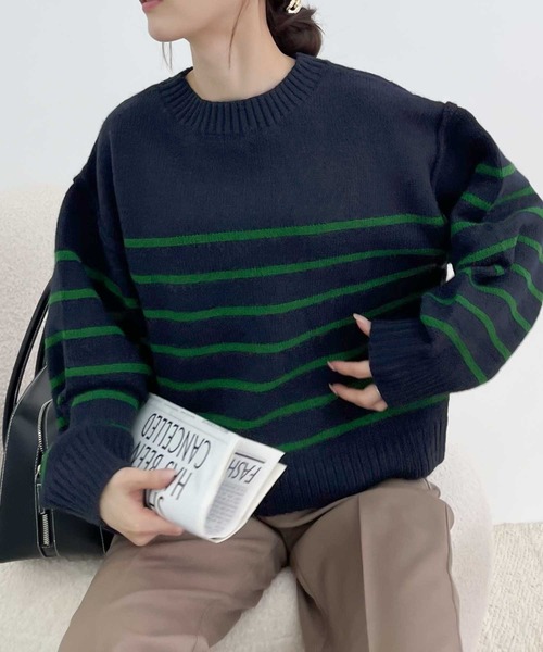 【milybilet】お洒落映え。アルパカタッチクロップド丈ボーダーニットプルオーバー