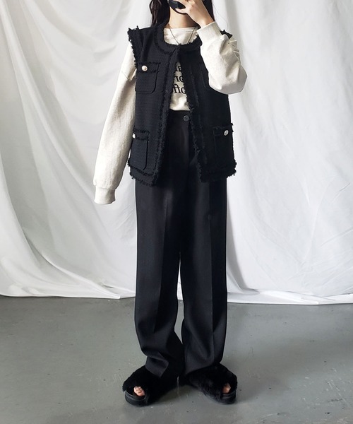 me+em select（ミームセレクト）の「【 新素材で新登場！ 】太ベルトハイウエストツイードタックスラックス（スラックス・レディース・アイボリー/ブラック/ブルー・SMALL/X-SMALL/MEDIUM/X-LARGE/LARGE）」の17枚目の写真