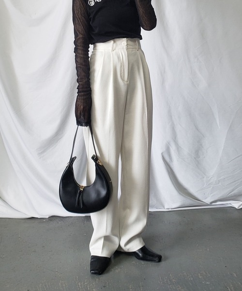 me+em select（ミームセレクト）の「【 新素材で新登場！ 】太ベルトハイウエストツイードタックスラックス（スラックス・レディース・アイボリー/ブラック/ブルー・SMALL/X-SMALL/MEDIUM/X-LARGE/LARGE）」の10枚目の写真