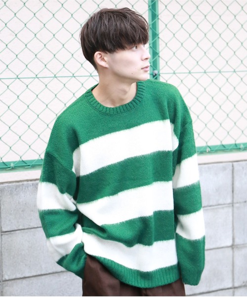 SPINNS（スピンズ）の「【ゆったりシルエット】フェイクモヘア ボーダー カラーニット（ニット/セーター・メンズ・イエロー×ブラック/チャコールグレー×ブラック/レッド系その他/グリーン系その他/ホワイト×ブラック/ベージュ系その他・ONESIZE）」の13枚目の写真