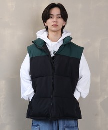 【ビックシルエット】ジップアップ 切り替えフェイクダウンベスト