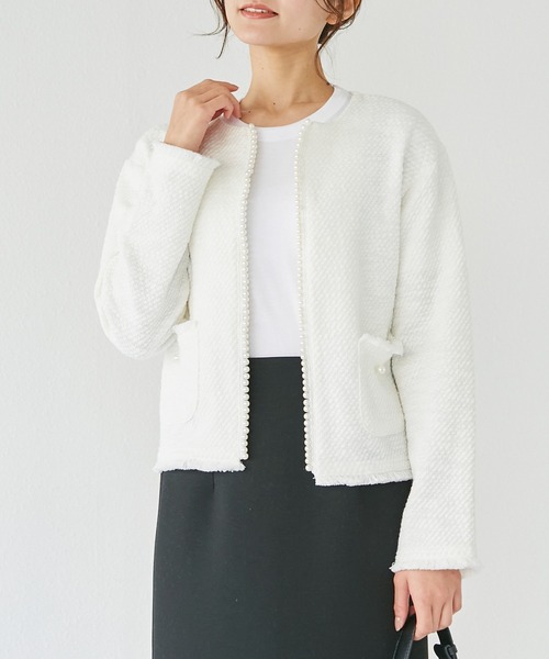 INCEDE（インシード）の「ツイードライク フリンジカットカーディガン（カーディガン/ボレロ・レディース・オフホワイト/ブラック・M/L/LL/3L/4L）」の2枚目の写真